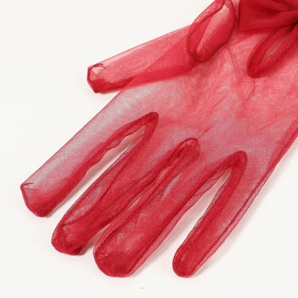 Women's Bow Burgundy Evening Tulle Short Length Gloves Wrist Tea Party Prom